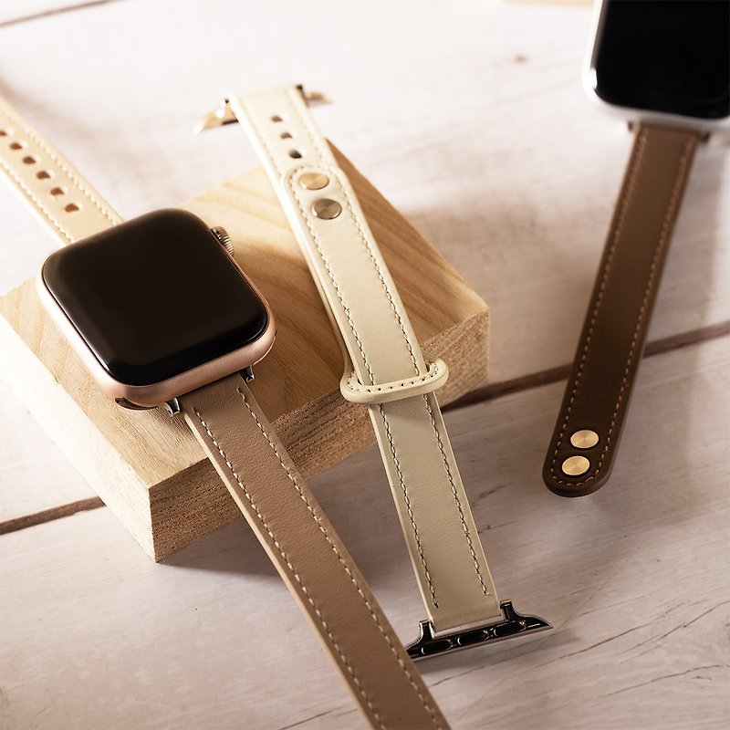 Apple watch - 车线真皮双钉缩腰苹果表带 - 表带 - 真皮 卡其色