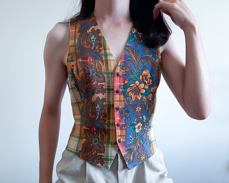 聚酯纤维 女装衬衫 咖啡色 - 复古 70 年代佩斯利花卉印花背心 嬉皮背心 夏季背心 S 码