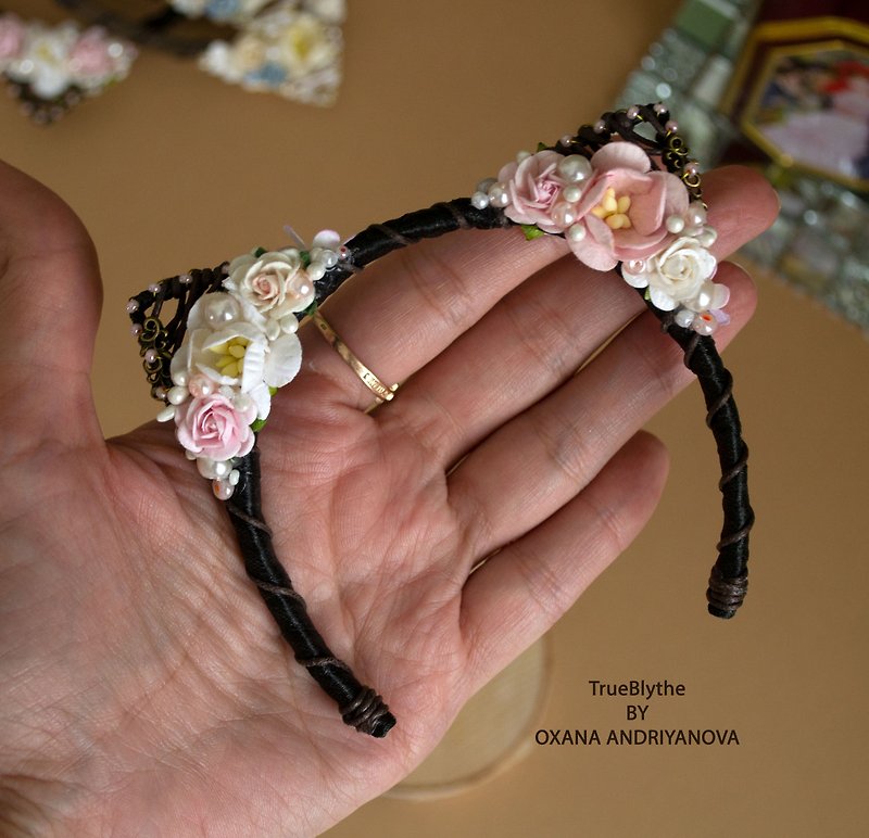 Flower Cat ears Sakura for Blythe doll in Pink/white.Headband,headdress,clothes - 玩偶/公仔 - 其他材质 粉红色