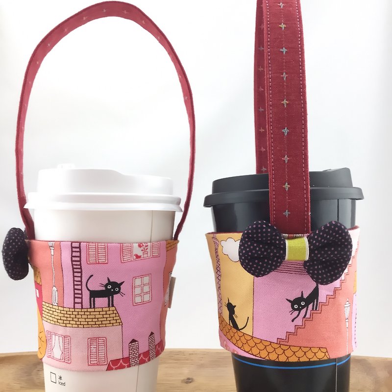 粉红小镇小黑猫—环保饮料提带—可固定吸管 - 随行杯提袋/水壶袋 - 棉．麻 