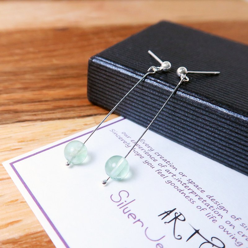 绿萤石 流光耳针(大)-925纯银天然石耳环 - 耳环/耳夹 - 纯银 绿色