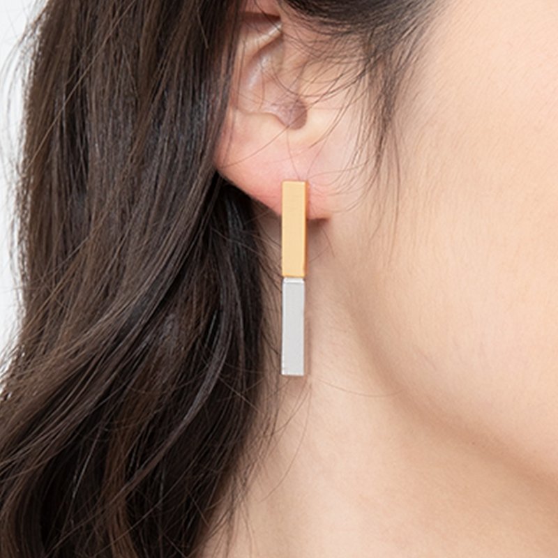 长方条金银拼色耳钉 - 耳环/耳夹 - 铜/黄铜 金色
