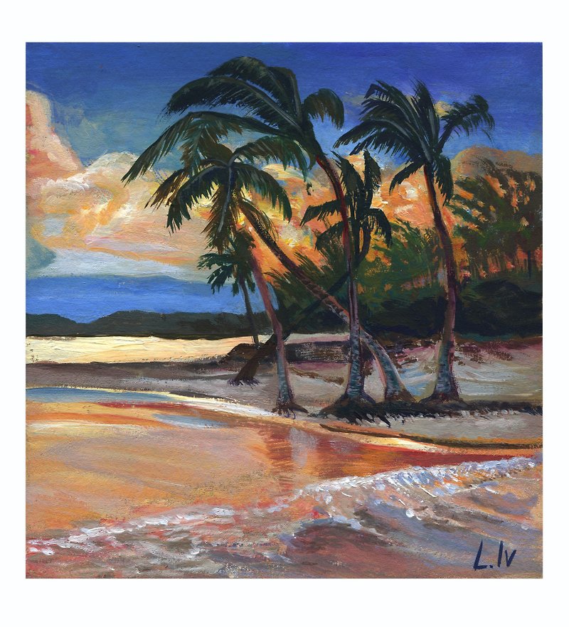 Original painting Hawaii beach palm trees Seascape Artist - 其他 - 纸 多色