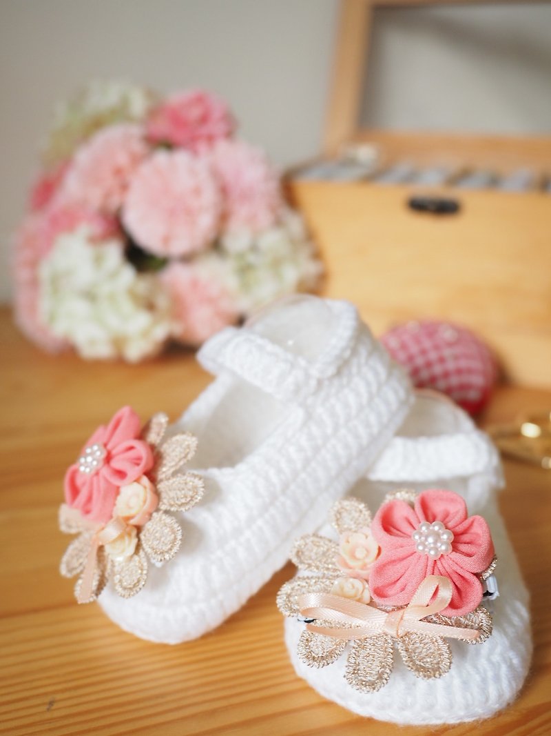 婴儿鞋子发夹套装 - 满月礼盒 - 棉．麻 粉红色