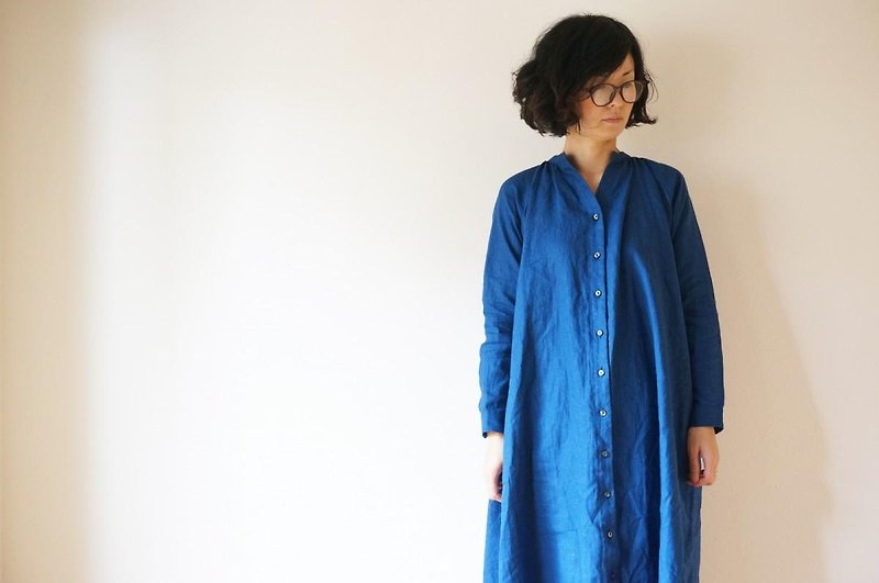 Linen One-piece Court - 洋装/连衣裙 - 棉．麻 蓝色