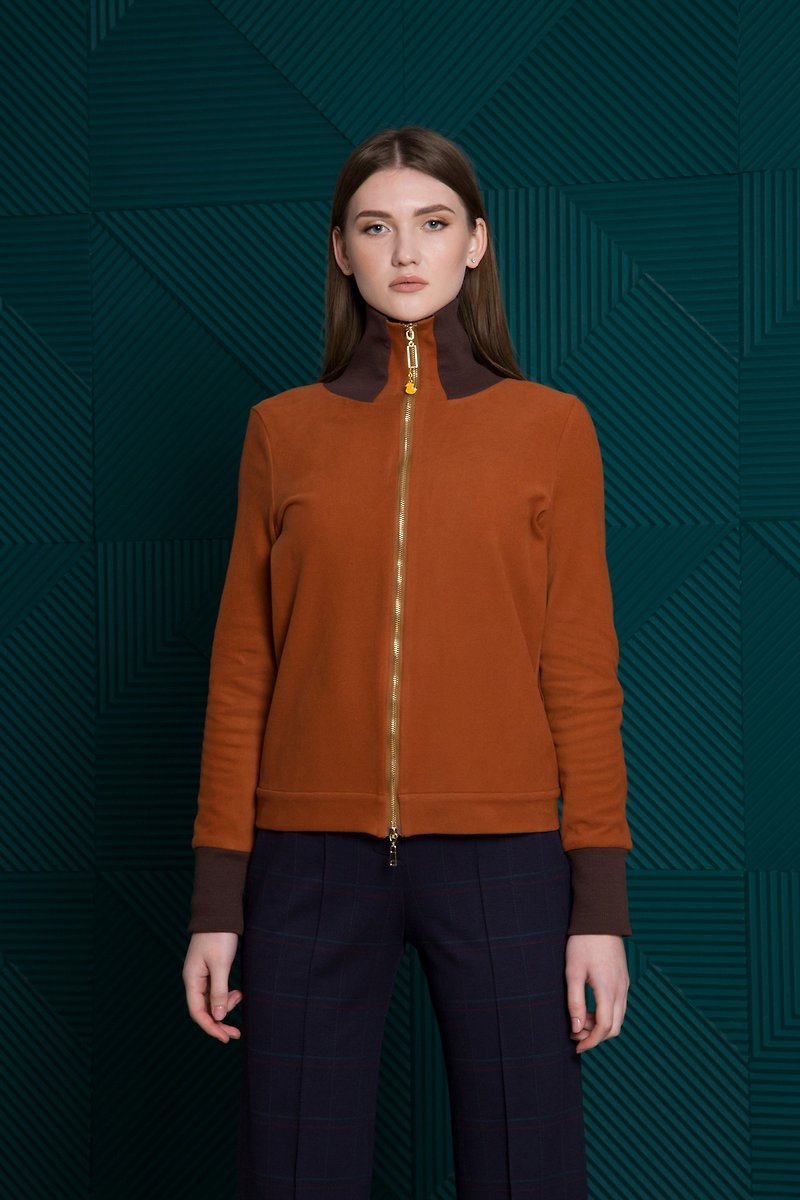 Fleece full zip high neck sweater, High zip collar sweatshirt, Brown tee women - 女装针织衫/毛衣 - 聚酯纤维 橘色