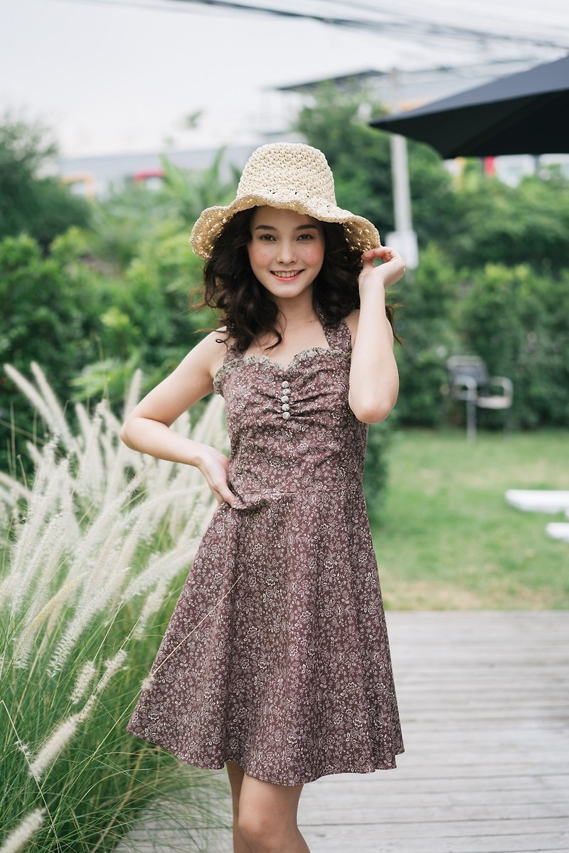 Floral Dress in Brown Vintage Retro Party Dress Halter Swing Skirt Cotton Dress - 洋装/连衣裙 - 棉．麻 咖啡色