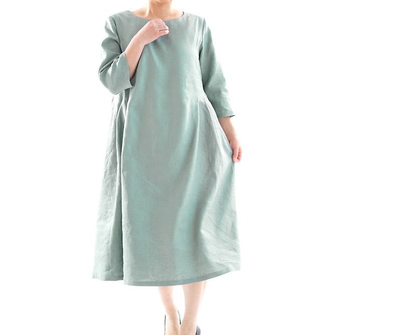 リネンワンピース サイドタック 7分袖 リネン100%/エメラルドティント a1-17 - 洋装/连衣裙 - 棉．麻 绿色