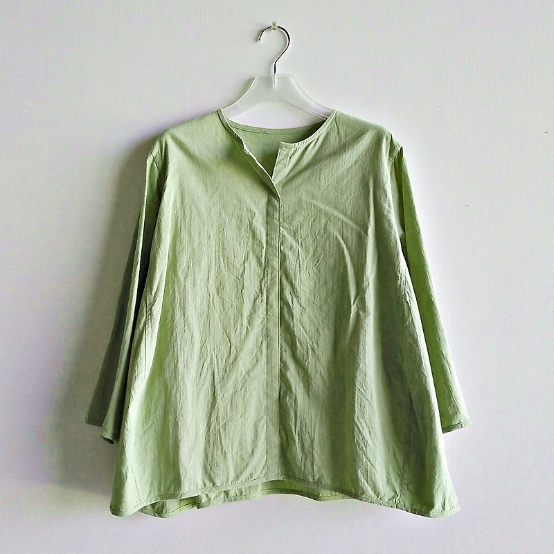 小V领八分袖衫  水洗棉  抹茶拿铁 - 女装上衣 - 棉．麻 绿色
