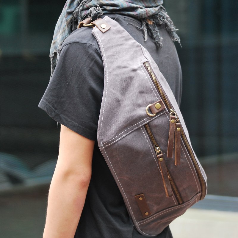 PERSONALIZED GENUINE LEATHER AND WAXED CANVAS OVERSIZED BUM BAG / CROSSBODY BAG - 其他 - 真皮 灰色