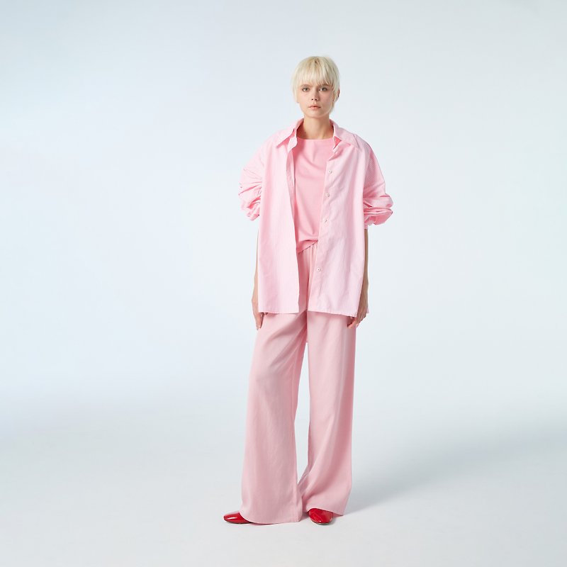 10 MOOn  粉白条纹长袖衬衫 - 女装衬衫 - 棉．麻 粉红色