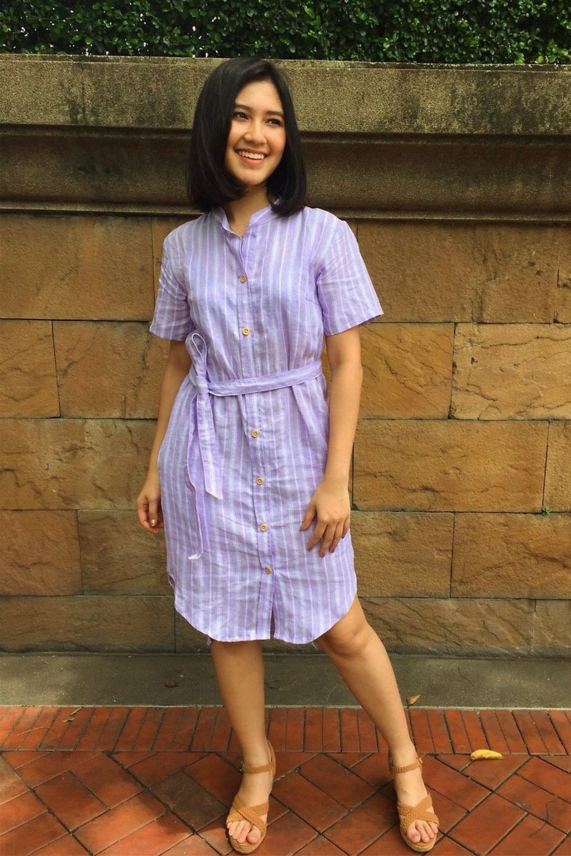 Off-Season Sales - Teresa Purple Striped Linen Shirt Dress - 洋装/连衣裙 - 亚麻 紫色
