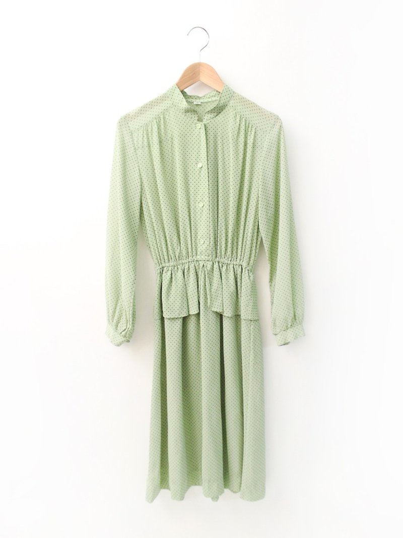 日本制复古甜美可爱薄荷绿圆点点长袖古着洋装 Japanese Vintage Dress - 洋装/连衣裙 - 聚酯纤维 绿色