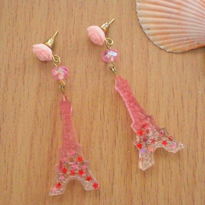 Pink Transparent Eiffel Earrings in Pierce and Clip-on Decor with Star Glitter - 耳环/耳夹 - 树脂 粉红色