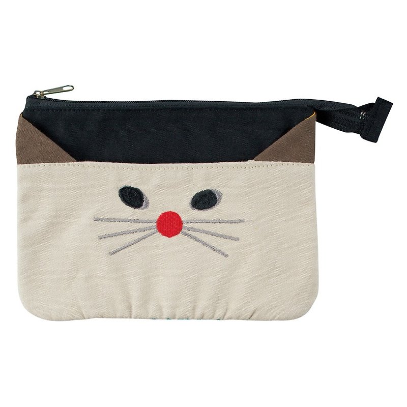 【日本Decole】Happy Cat Day系列三毛猫款A6尺寸平口收纳整理包 - 化妆包/杂物包 - 棉．麻 白色