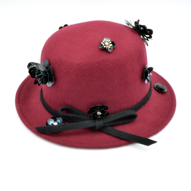 TIMBEE LO 枣红色珠片花羊绒淑女帽子 黑色珠片花卉手工制作 - 帽子 - 羊毛 红色