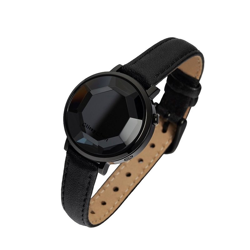 FACET 系列 - LED黑色不锈钢配黑色真皮带手表 - 女表 - 不锈钢 黑色