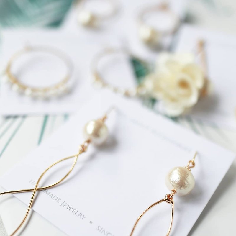 日本绵花珠系列-优雅铜丝珍珠耳环耳夹 - 耳环/耳夹 - 珍珠 多色