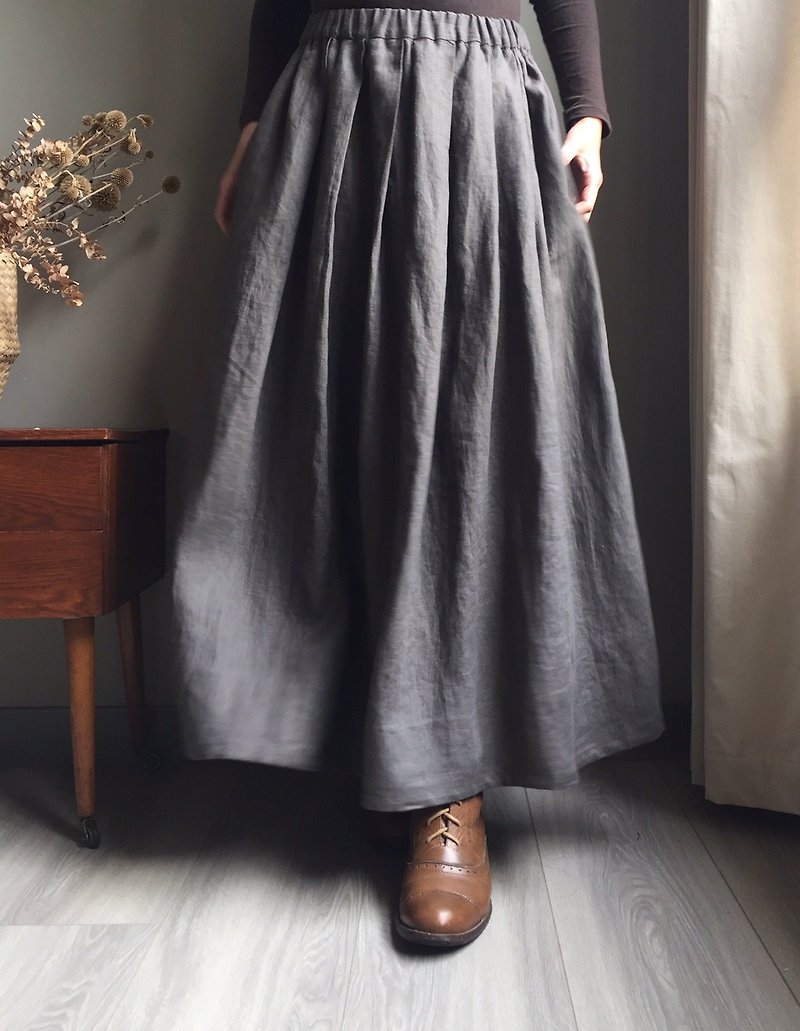 #深灰色#暖灰色  #口袋及踝长裙 100%亚麻 - 裙子 - 棉．麻 灰色