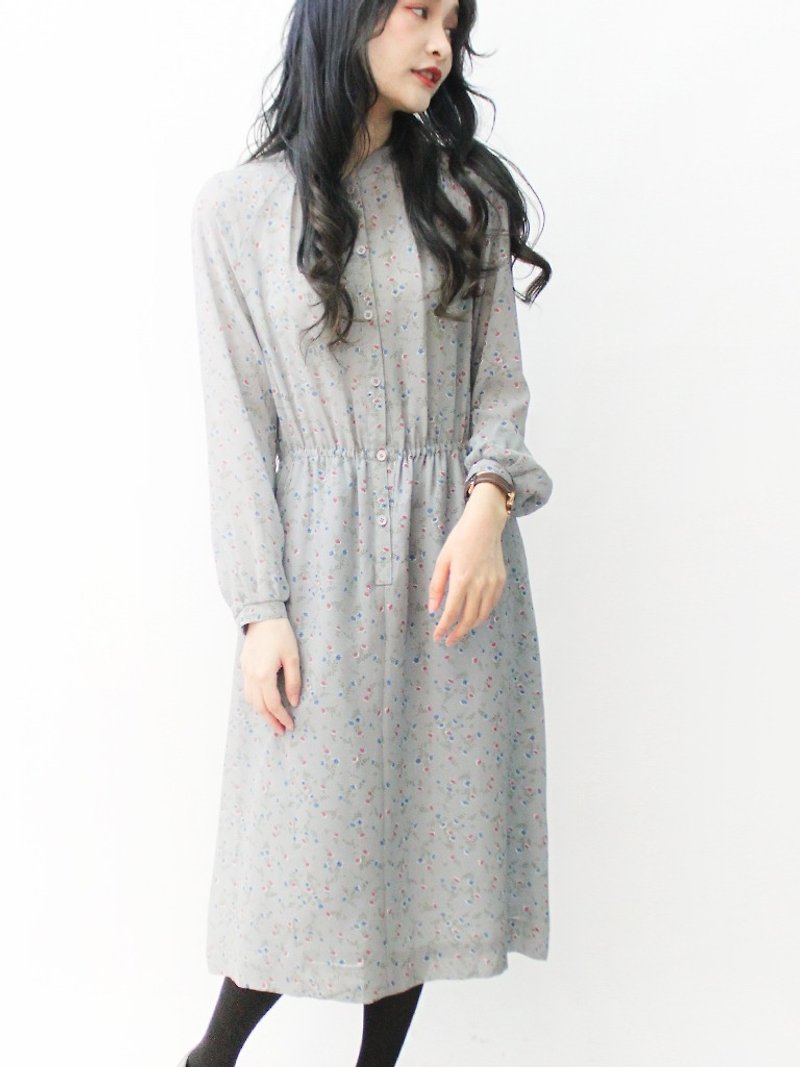 日本制复古典雅灰蓝色碎花长袖古着洋装vintage dress - 洋装/连衣裙 - 聚酯纤维 灰色