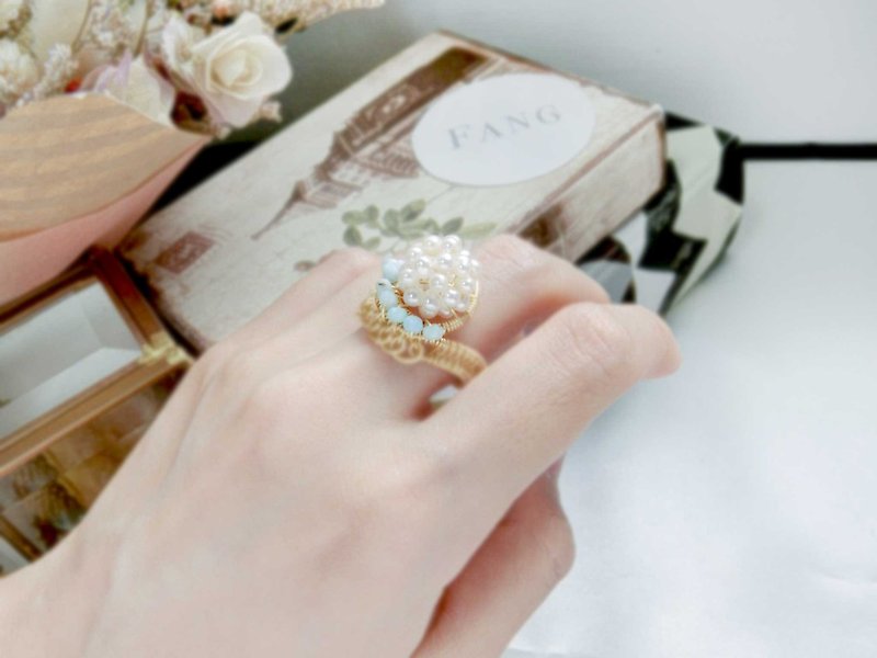 金色款【绣球花的祝福】珍珠宝石戒指 - 戒指 - 宝石 多色