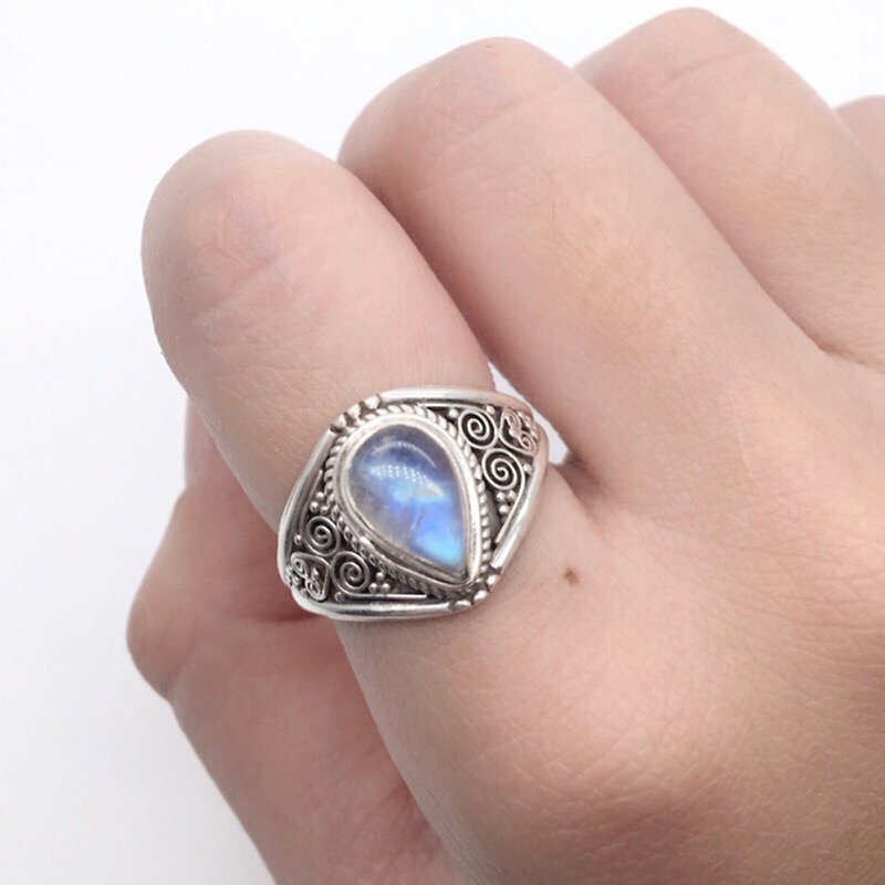 月光石925纯银古典银雕戒指 尼泊尔手工镶嵌制作 - 戒指 - 宝石 蓝色
