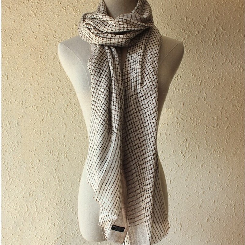尼泊尔Cashmere 羊绒围巾/披肩 手工编织 纤细格子 - 围巾/披肩 - 羊毛 咖啡色