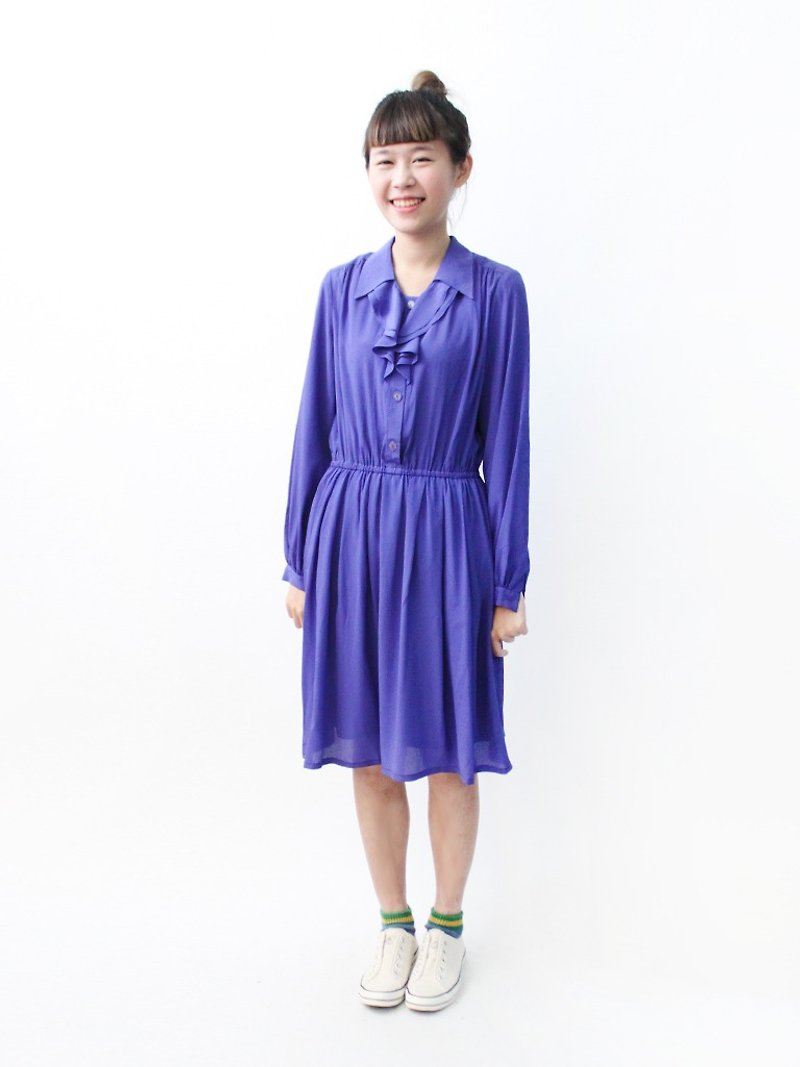 【RE0215D984】复古蓝紫色长袖宽松春夏古着洋装 - 洋装/连衣裙 - 聚酯纤维 紫色
