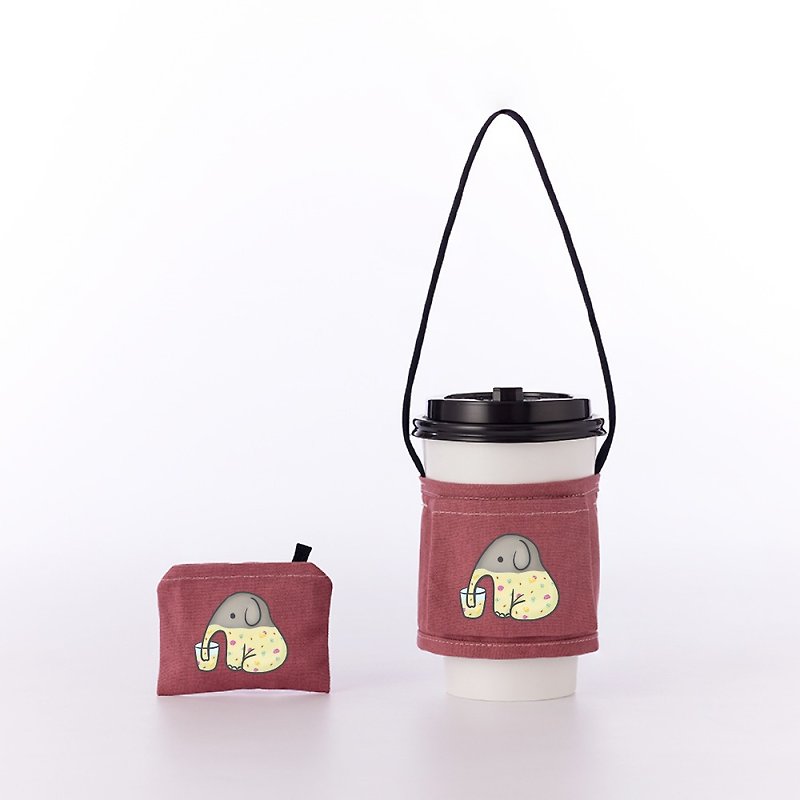 YCCT环保饮料提袋经典款 - 大象 - 专利收纳不怕忘了带 - 随行杯提袋/水壶袋 - 棉．麻 粉红色
