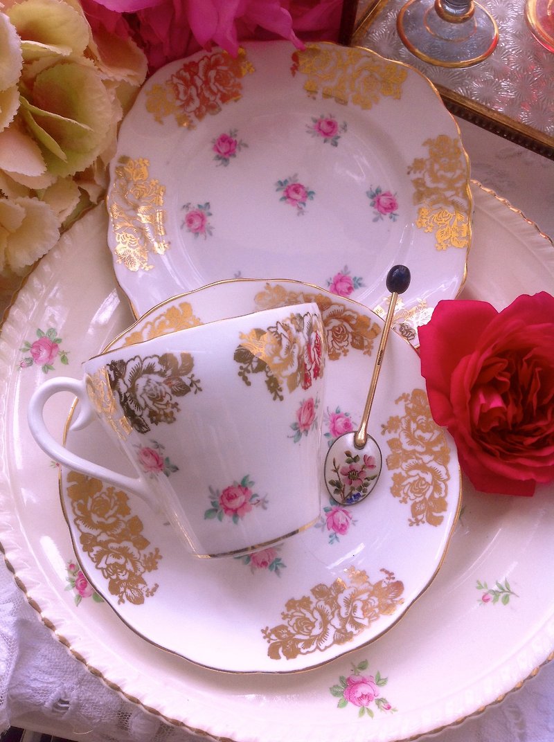 英国骨瓷粉红玫瑰花束花茶杯咖啡杯三件组下午茶情人节礼物 - 其他 - 瓷 