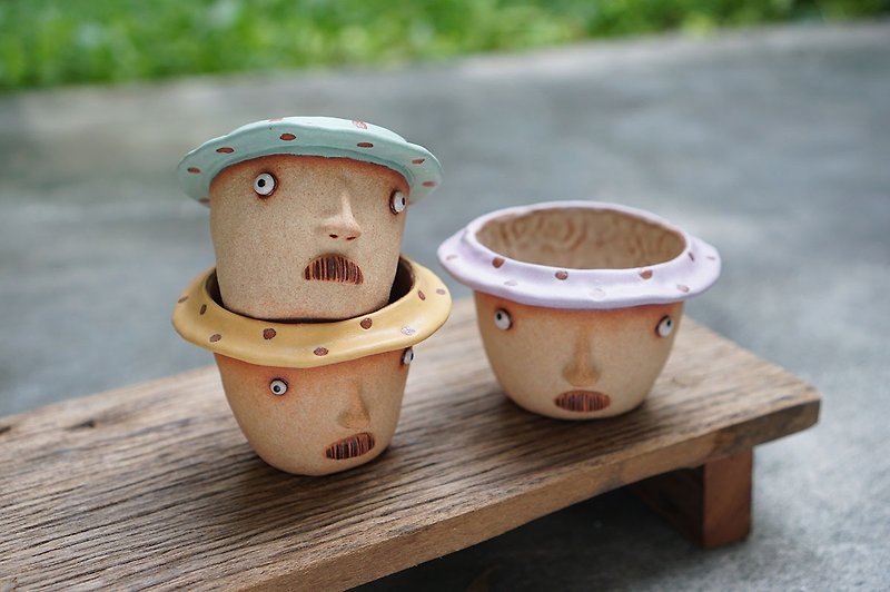 Funny Succulent planter set with uncle faces. - 花瓶/陶器 - 陶 多色