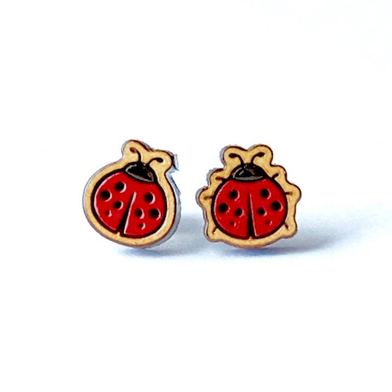 彩绘木耳环-小瓢虫 - 耳环/耳夹 - 木头 红色