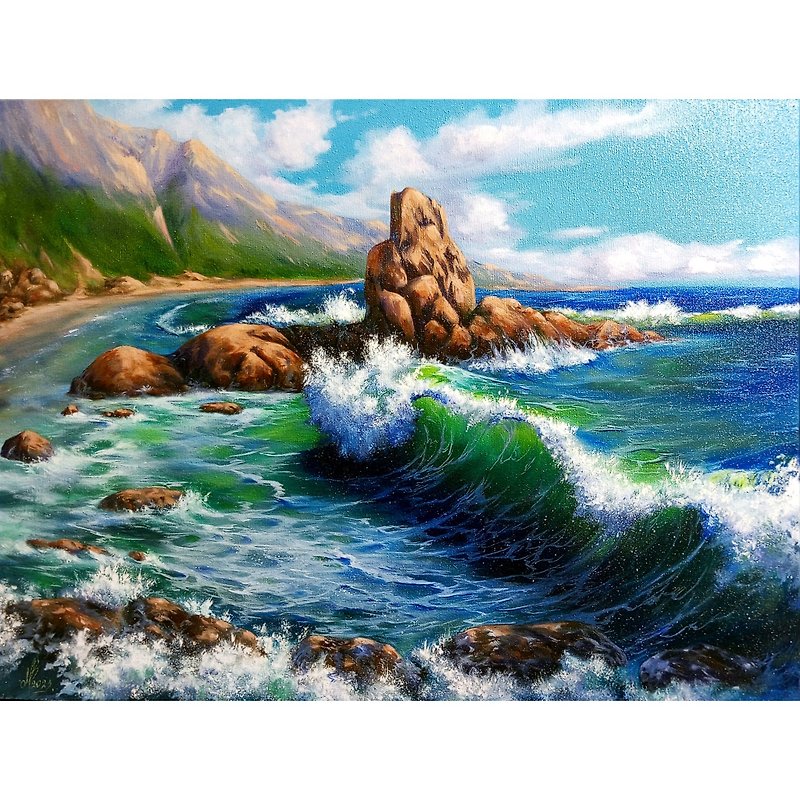 这幅画是一幅透明波浪的海景. 一幅大型油画。 尺寸60厘米x80厘米 - 海报/装饰画/版画 - 其他材质 蓝色