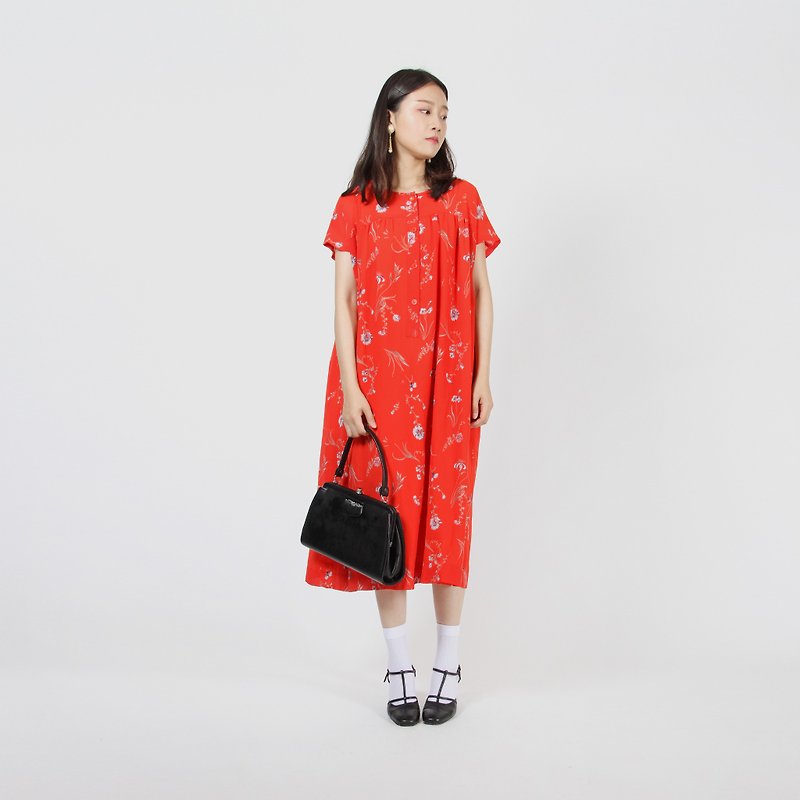 【蛋植物古着】夏日花草印花伞状古着洋装 - 洋装/连衣裙 - 聚酯纤维 红色