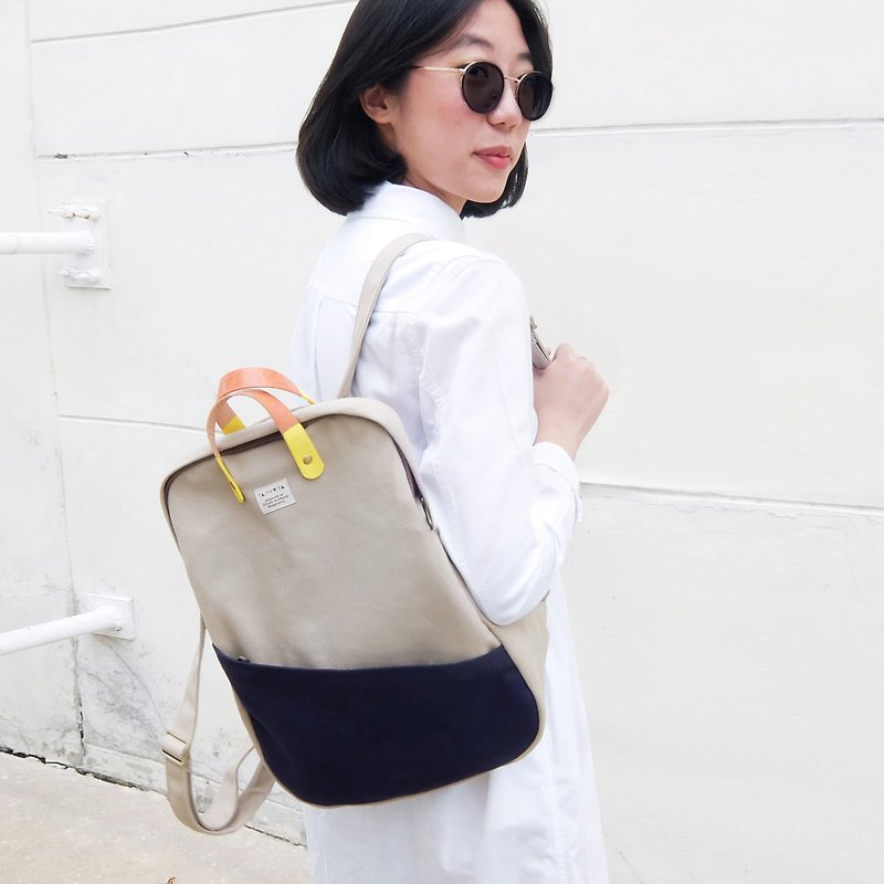 Light grey navy girl backpack : 3 ways bag : backpack, sling bag, handbag - 后背包/双肩包 - 棉．麻 灰色