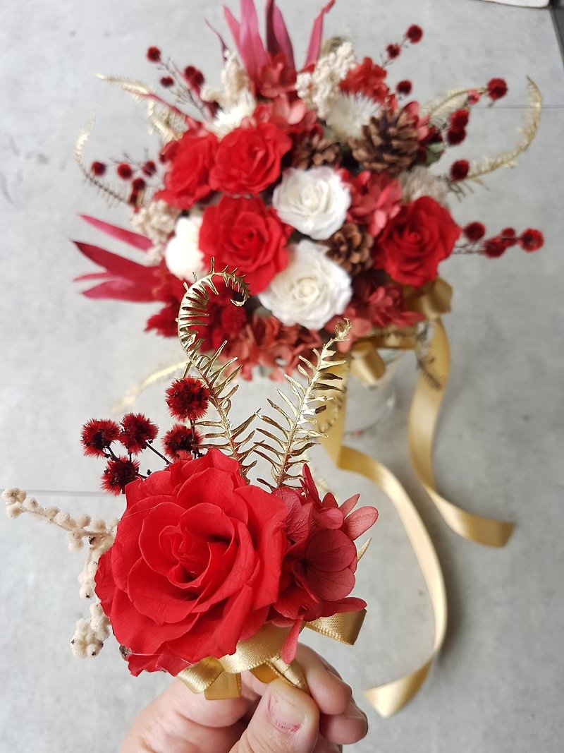 海藏设计|优雅庄园。红玫不凋花干燥胸花 - 胸花/手腕花 - 植物．花 红色