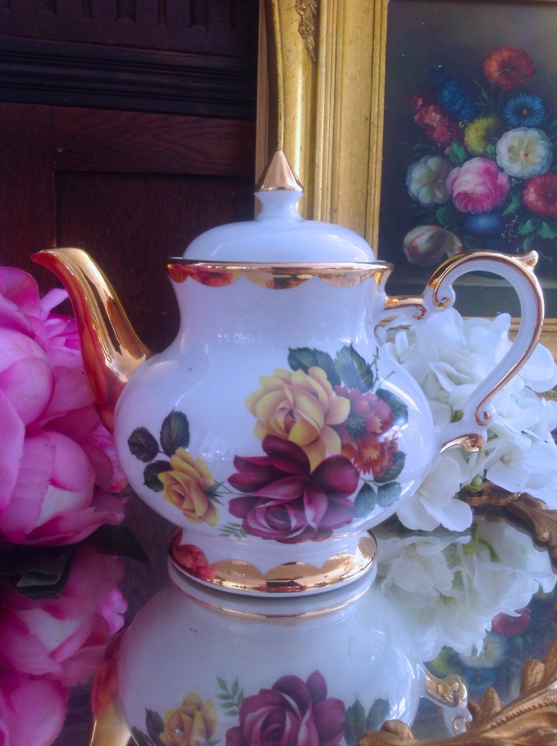 安妮疯古物英国陶器乡村风系列手绘玫瑰高脚花茶壶咖啡壶可爱 - 水壶/水瓶 - 瓷 红色