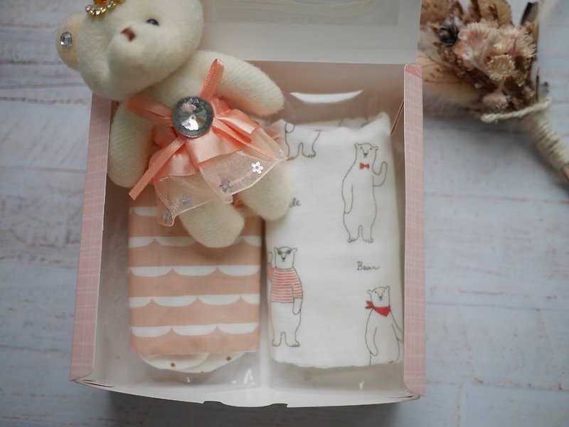 弥月礼盒 口水巾二入组 小熊 - 围嘴/口水巾 - 棉．麻 粉红色