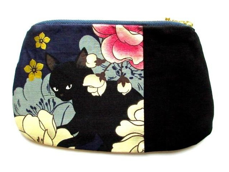 黒猫の和柄平ポーチ＊ブルーC - 化妆包/杂物包 - 棉．麻 蓝色