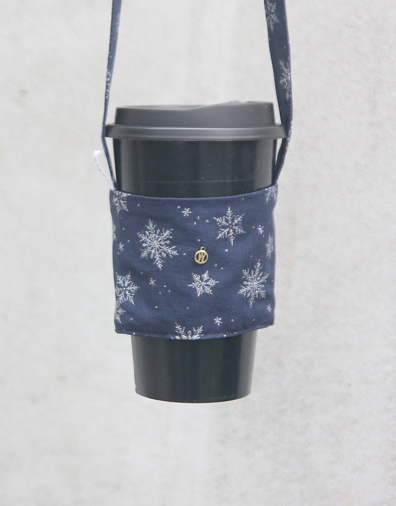 北欧的银雪世界　环保提袋 杯套 设计款 烫银手工饮料提袋 - 随行杯提袋/水壶袋 - 棉．麻 蓝色