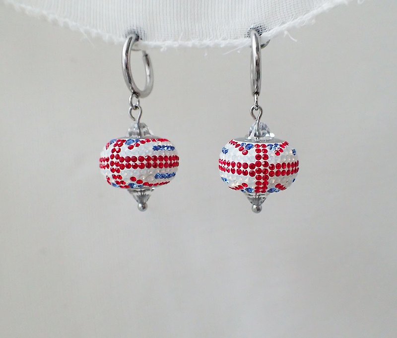 英国国旗　施华洛世奇元素 & 不锈钢 耳圈夹耳环(一对) - 耳环/耳夹 - 玻璃 红色