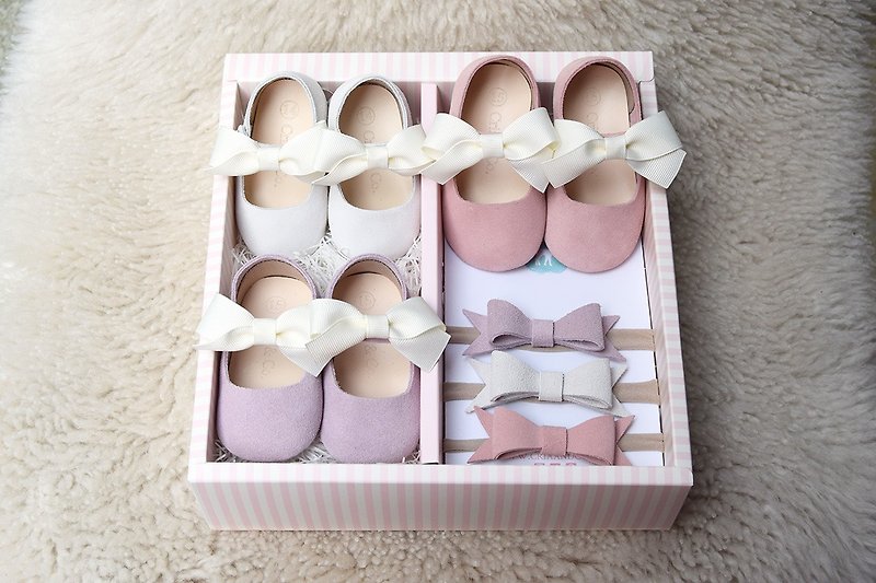 婴儿鞋三件组 弥月礼盒 女宝宝 满月礼物 婴儿礼物 学步鞋 百日宴 - 满月礼盒 - 真皮 粉红色
