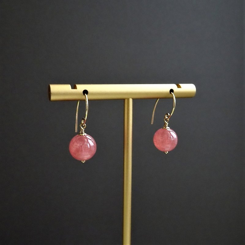 印加玫瑰石 阿根廷红纹石 14Kgf 包金耳环 简约垂坠耳环 | 糖果感 - 耳环/耳夹 - 宝石 粉红色