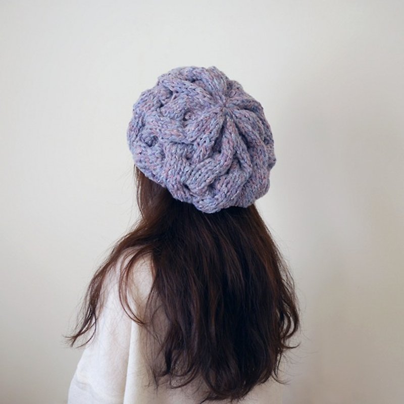 出清-粗针麻花可拆毛球针织毛线贝蕾帽-紫藤 - 帽子 - 羊毛 蓝色