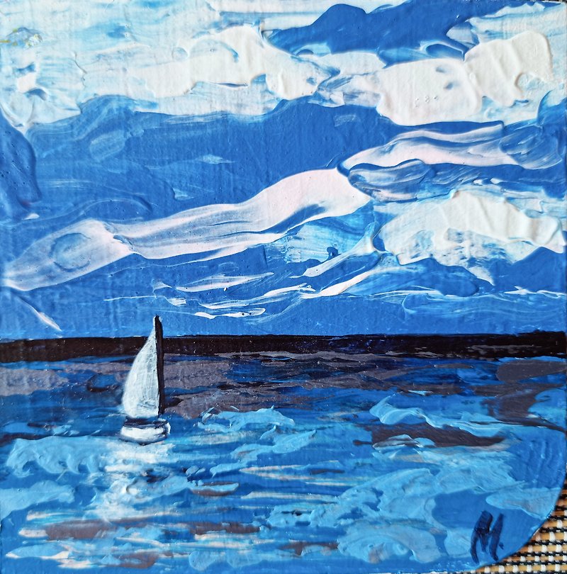 Boat Painting Sailboat Seascape Original Art Yacht Nautical Pleasure Holidays - 海报/装饰画/版画 - 其他材质 蓝色