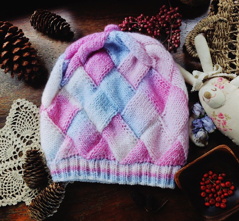 Handmade手作-粉红浪漫格子帽-毛线编织毛帽 - 帽子 - 羊毛 粉红色