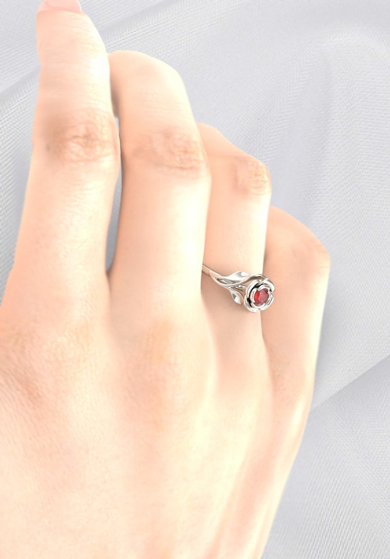 Ruby Flower rose ring, 925 Silver with  18K white Gold Plating, Gift for her - 戒指 - 贵金属 咖啡色