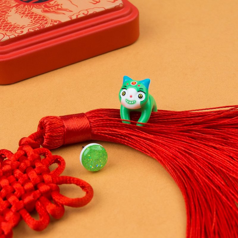 Green Dragon Cat Earring - Lucky Cat Earrings Polymer Clay - 耳环/耳夹 - 粘土 多色