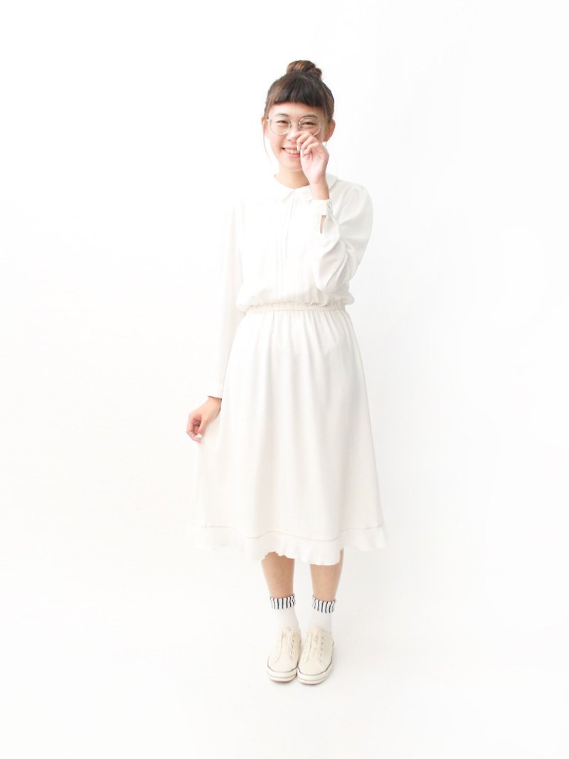 【RE0809D1292】夏复古80s简约素雅奶白色长袖古着洋装 - 洋装/连衣裙 - 聚酯纤维 白色