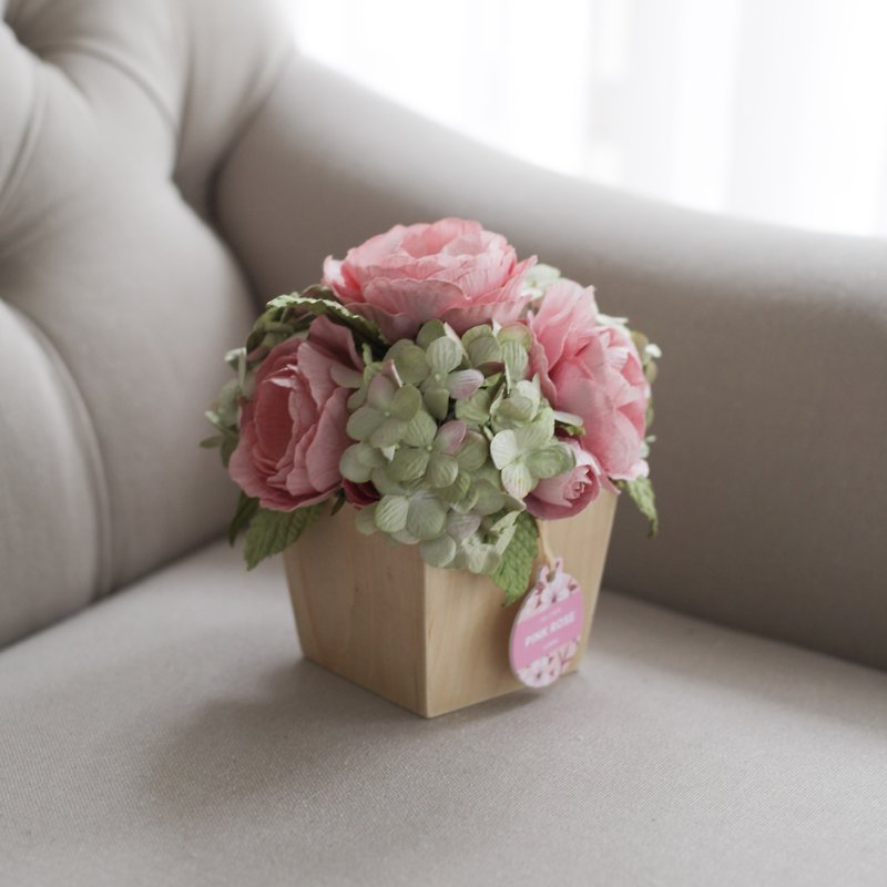WP107 : Flower Decoration Table Wooden Pot Pink Green Size 5"x5.5" - 摆饰 - 纸 粉红色